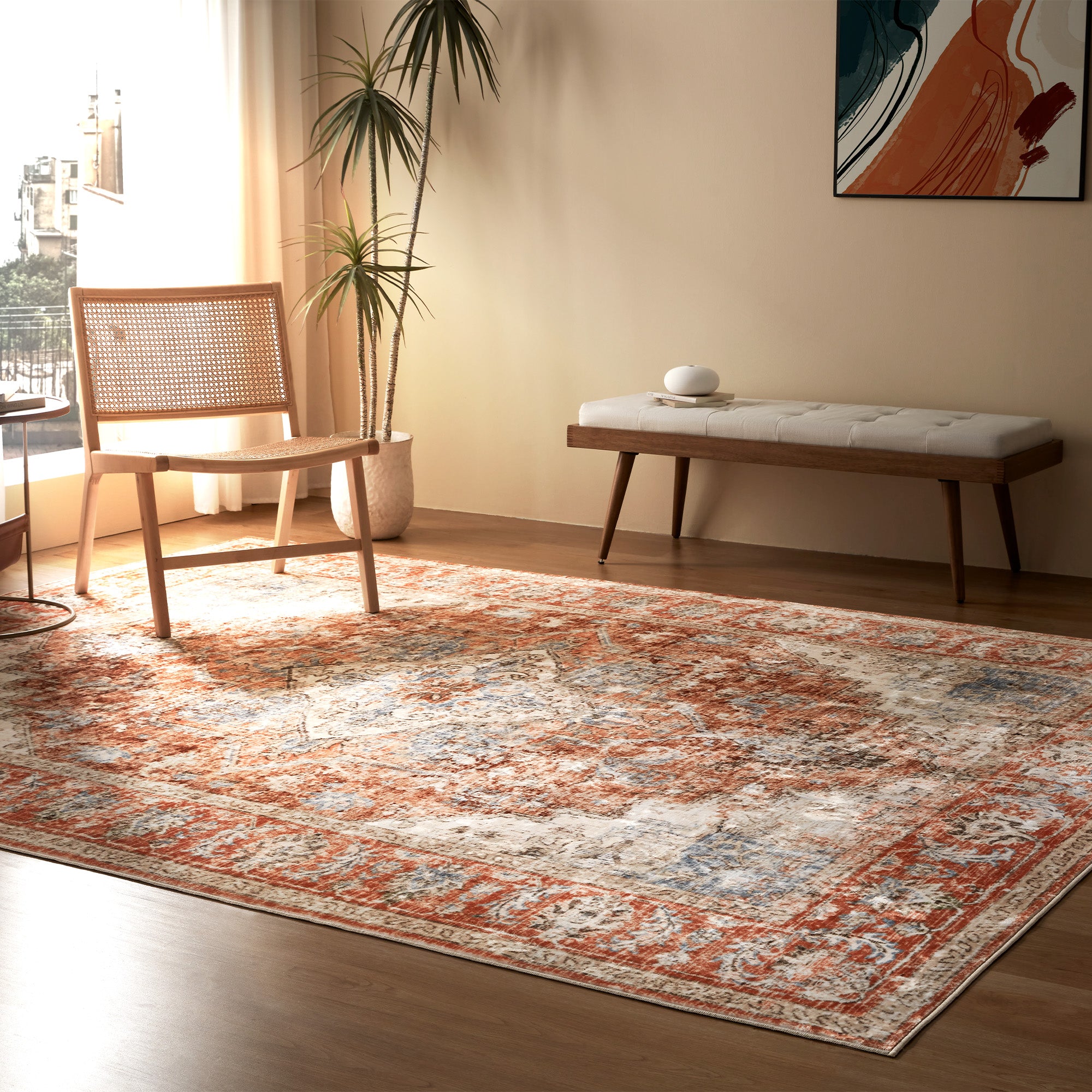 Washable Plush Area Rug - Neutral Vintage for Indoor/Outdoor