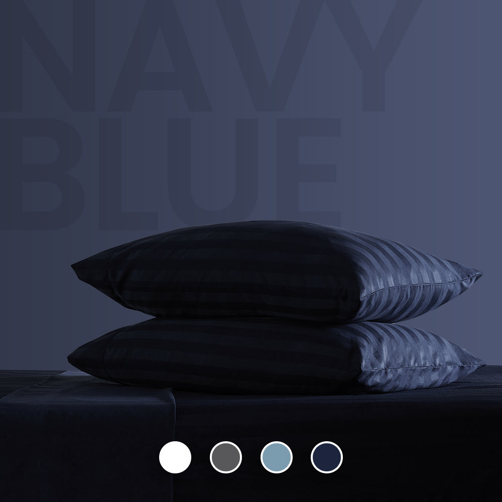 Cooling Satin Striped Sheets Set for Hot Sleepers-Navy Blue.