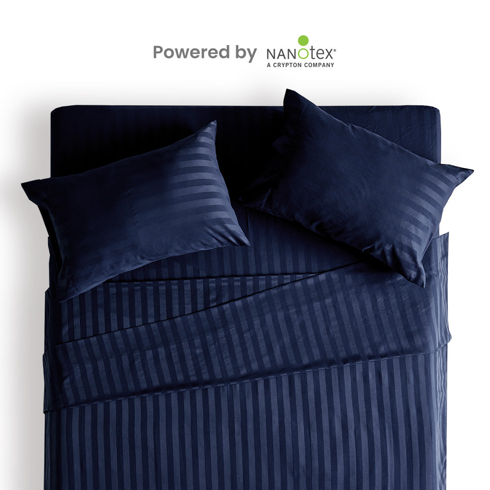 Cooling Satin Striped Sheets Set for Hot Sleepers-Navy Blue.