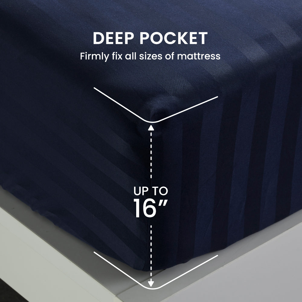 Cooling Satin Striped Sheets Set for Hot Sleepers-Navy Blue.