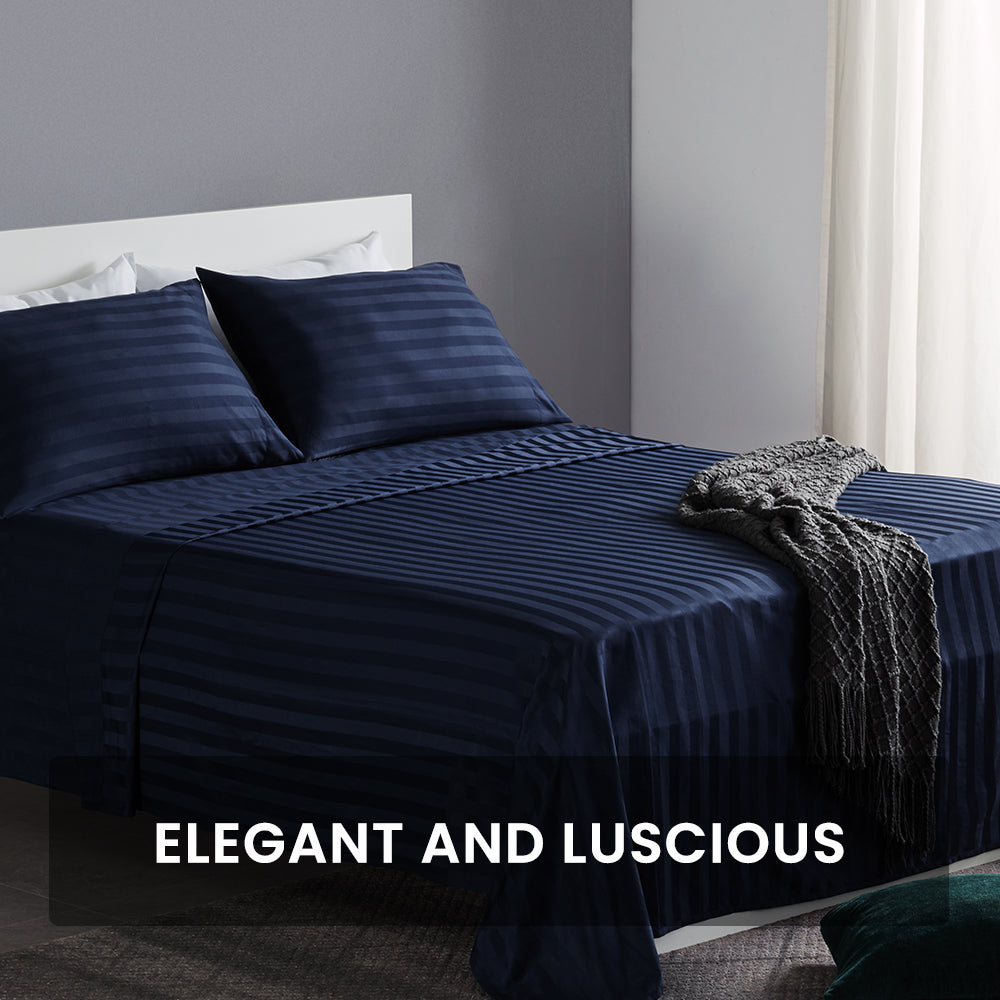 Cooling Satin Striped Sheets Set for Hot Sleepers-Navy Blue.