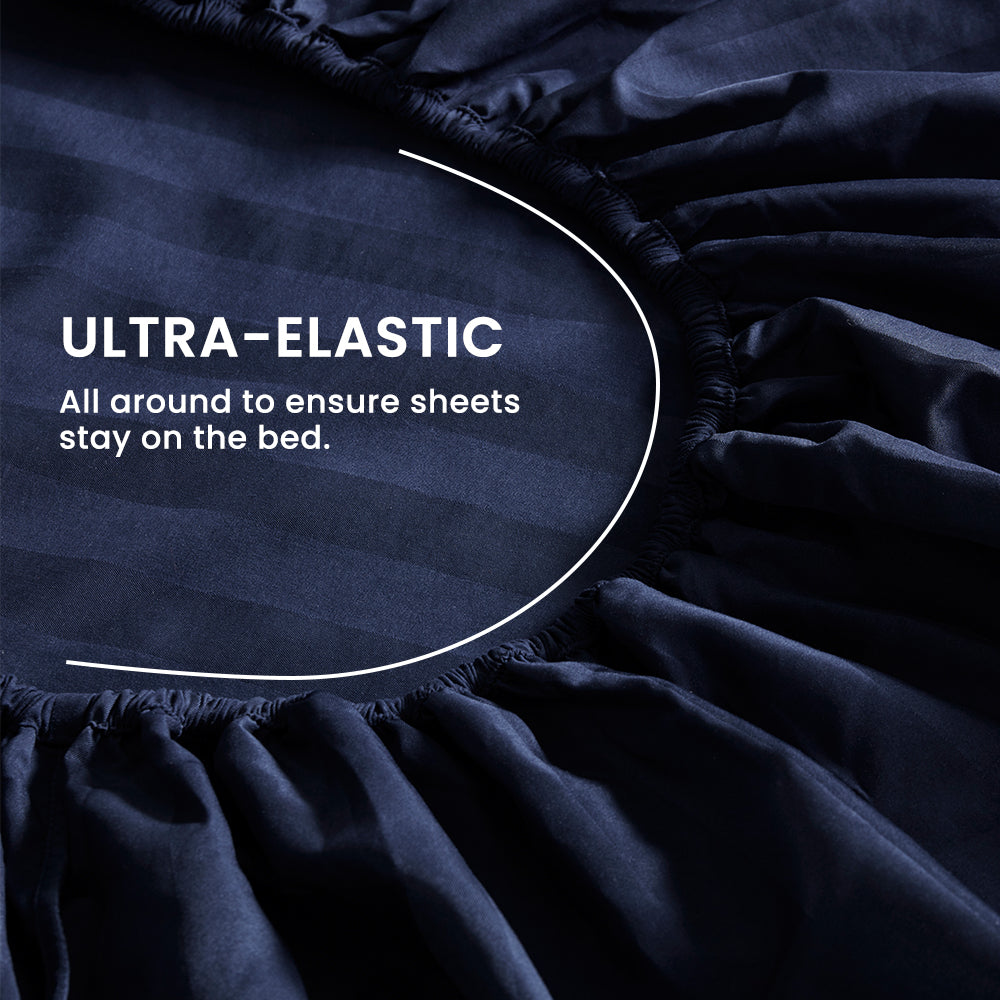 Cooling Satin Striped Sheets Set for Hot Sleepers-Navy Blue.