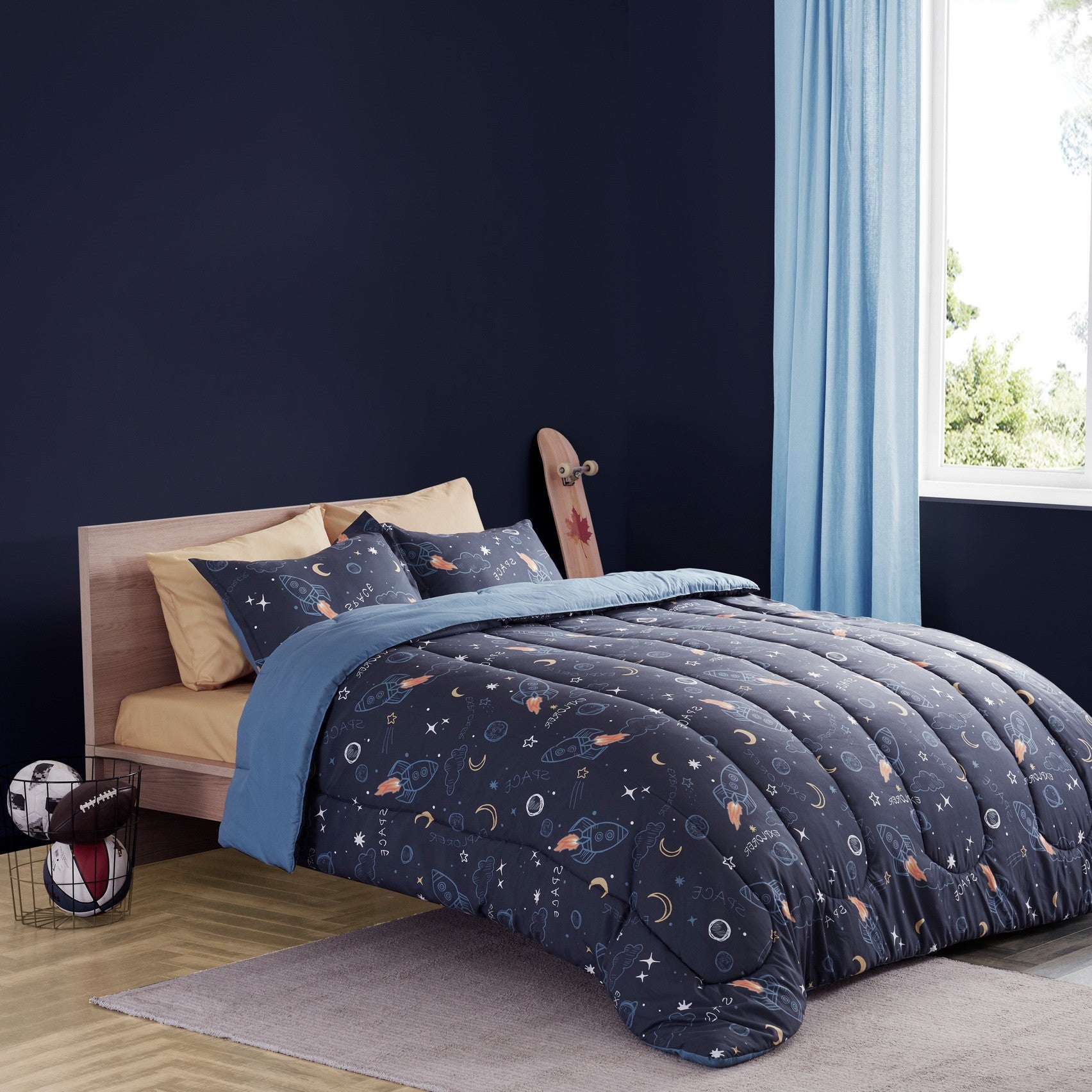 Space Adventure Printed Kids Comforter Set Navy Blue/Yellow