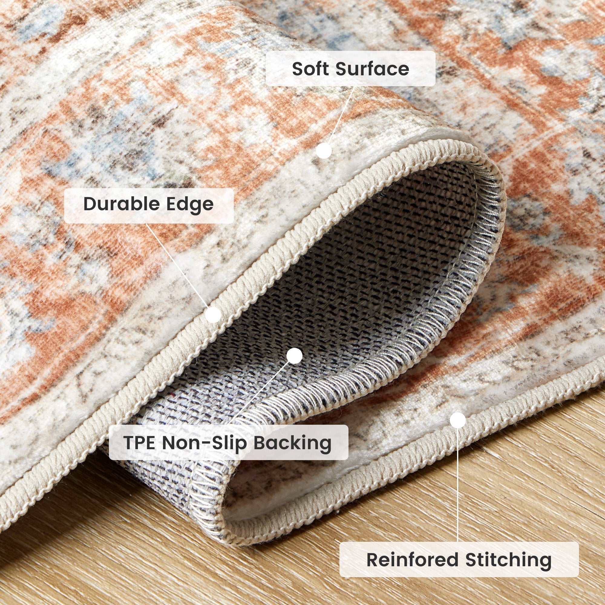 Washable Plush Area Rug - Neutral Vintage for Indoor/Outdoor