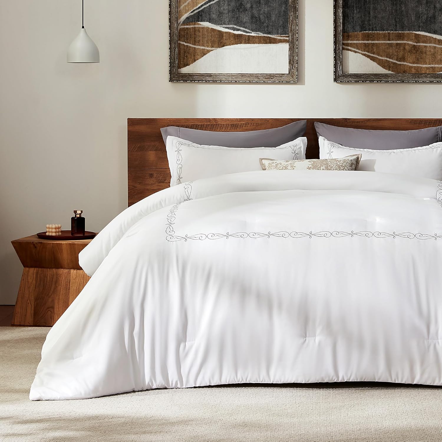 Luxury Hotel Collection Comforter Set, 3 Pieces Fluffy Lightweight Down Alternative Duvet Insert with Embroidered Stripes