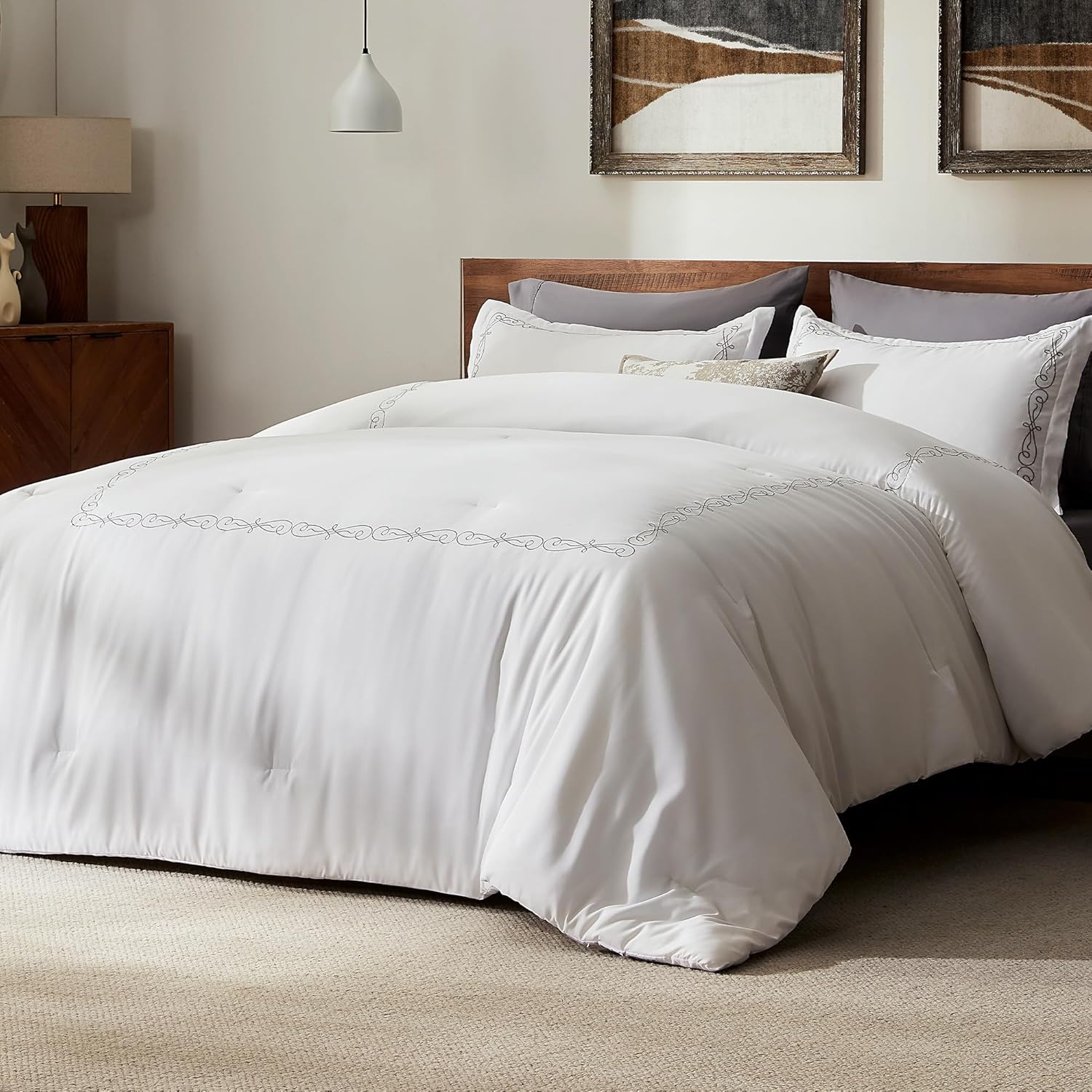 Luxury Hotel Collection Comforter Set, 3 Pieces Fluffy Lightweight Down Alternative Duvet Insert with Embroidered Stripes