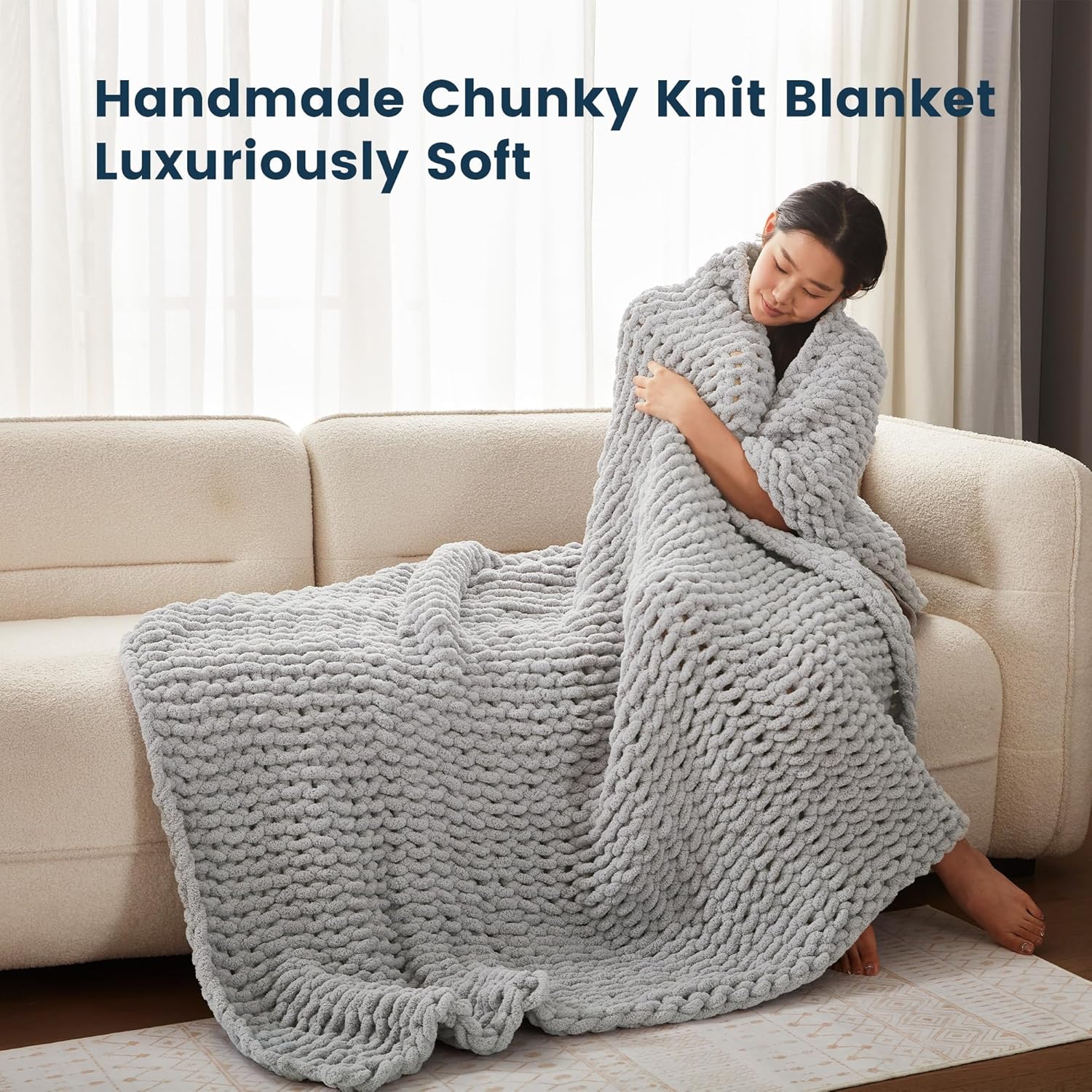 Handmade Chunky Knit Throw Blanket - Heavy & Cozy for Couch and Bed