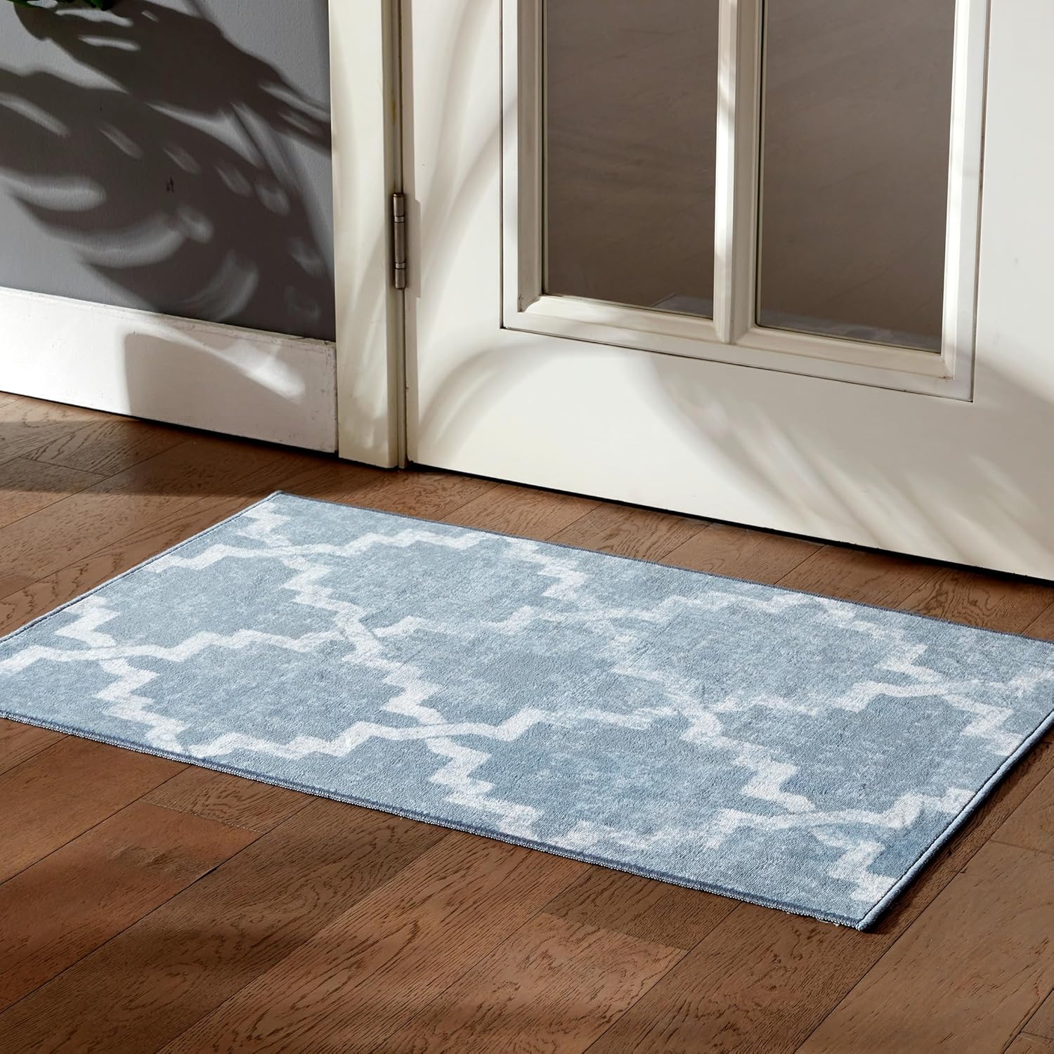 Blue patterned rug on a wooden floor in front of a glass door.
