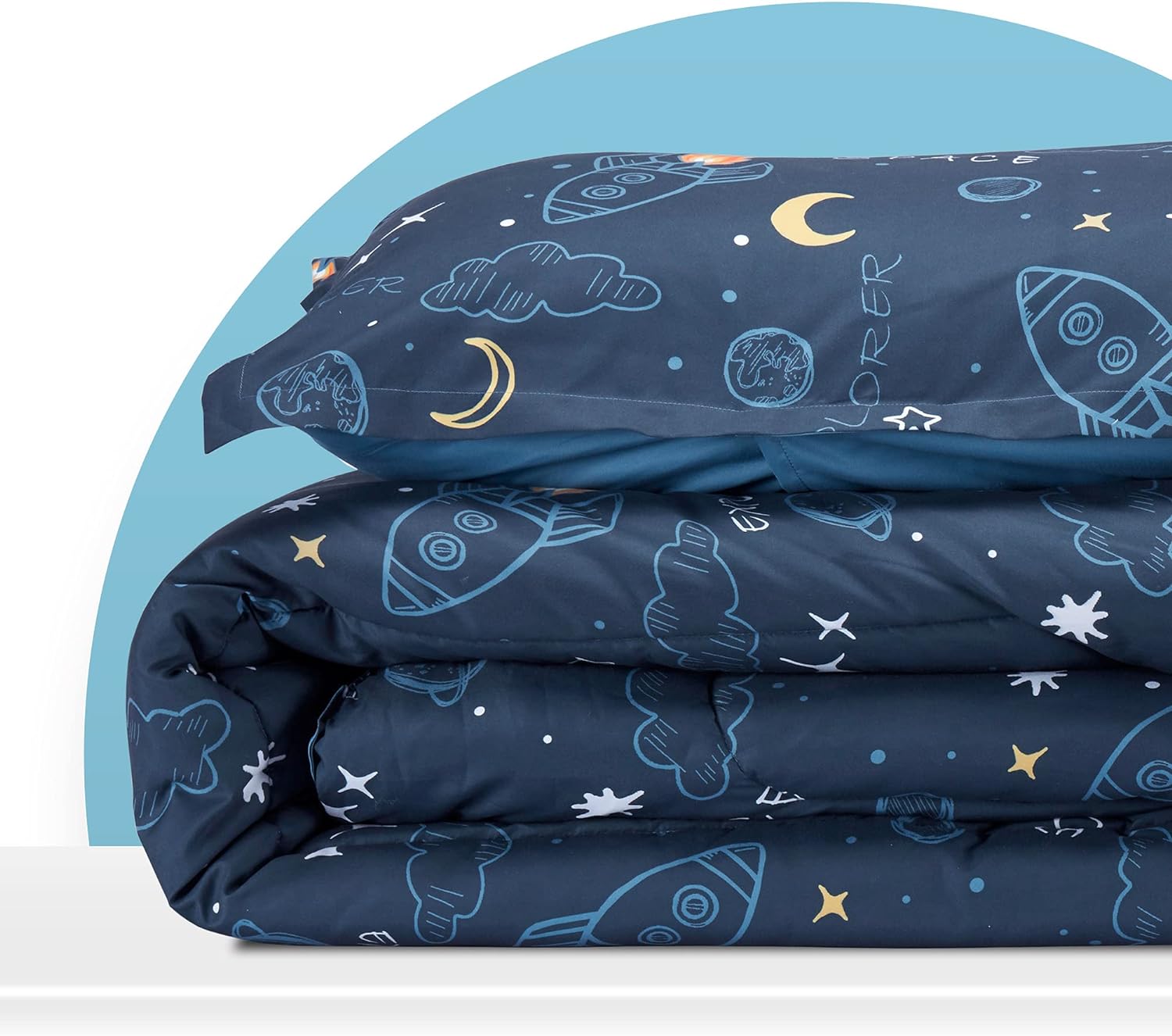 Space Adventure Printed Kids Comforter Set Navy Blue/Yellow.