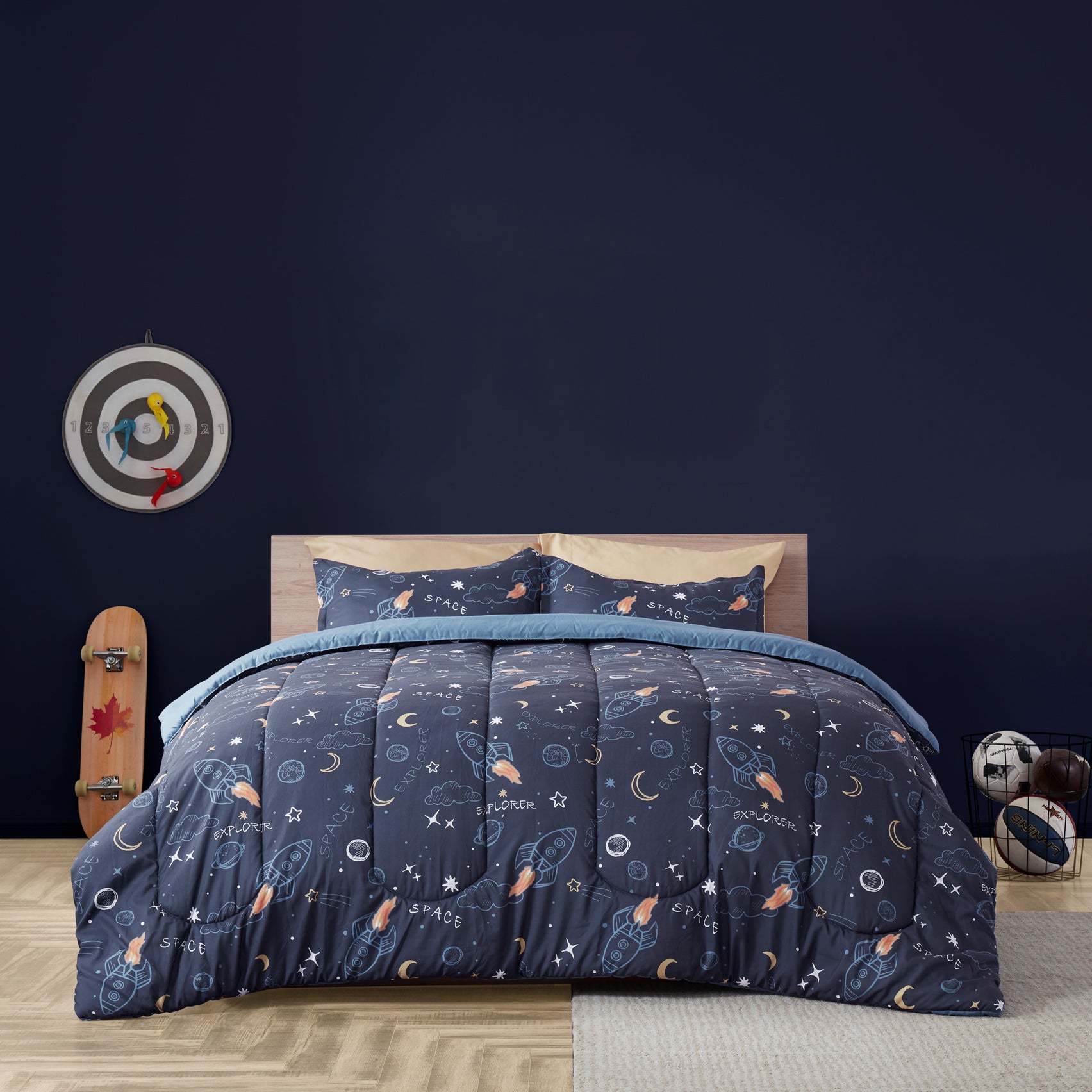 Space Adventure Printed Kids Comforter Set Navy Blue/Yellow.