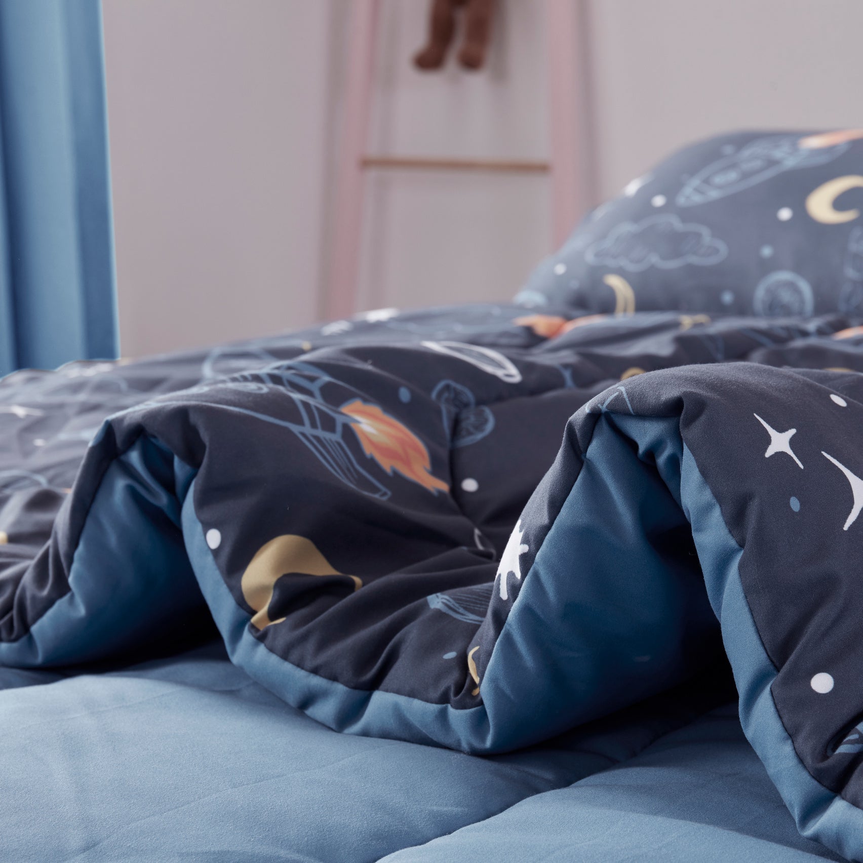 Space Adventure Printed Kids Comforter Set Navy Blue/Yellow.