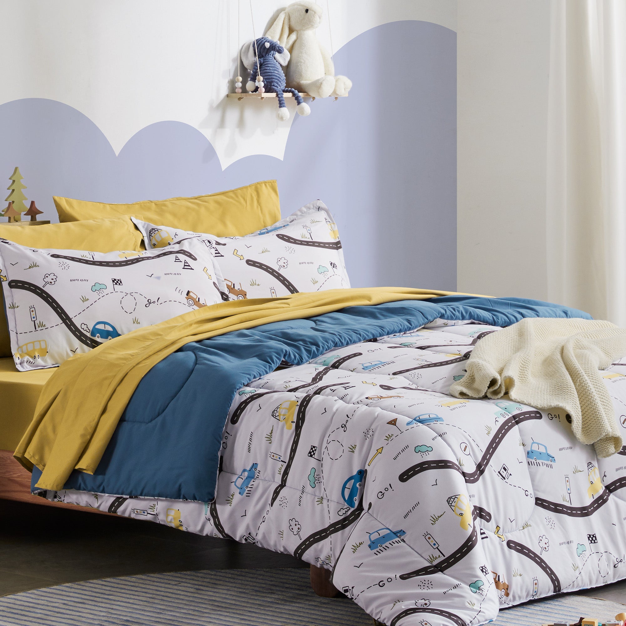 White Car Road Kids Printed Comforter Set.