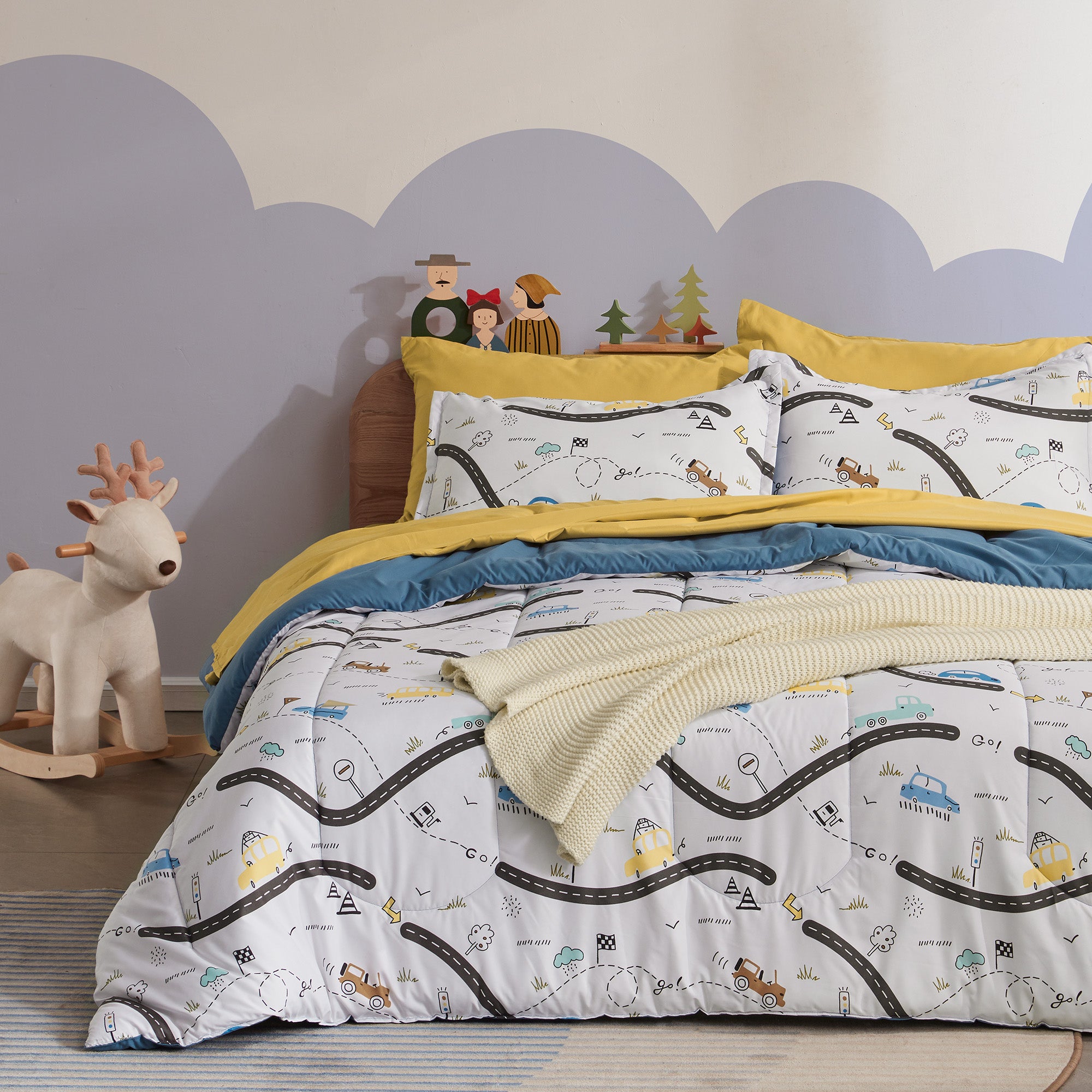 White Car Road Kids Printed Comforter Set.