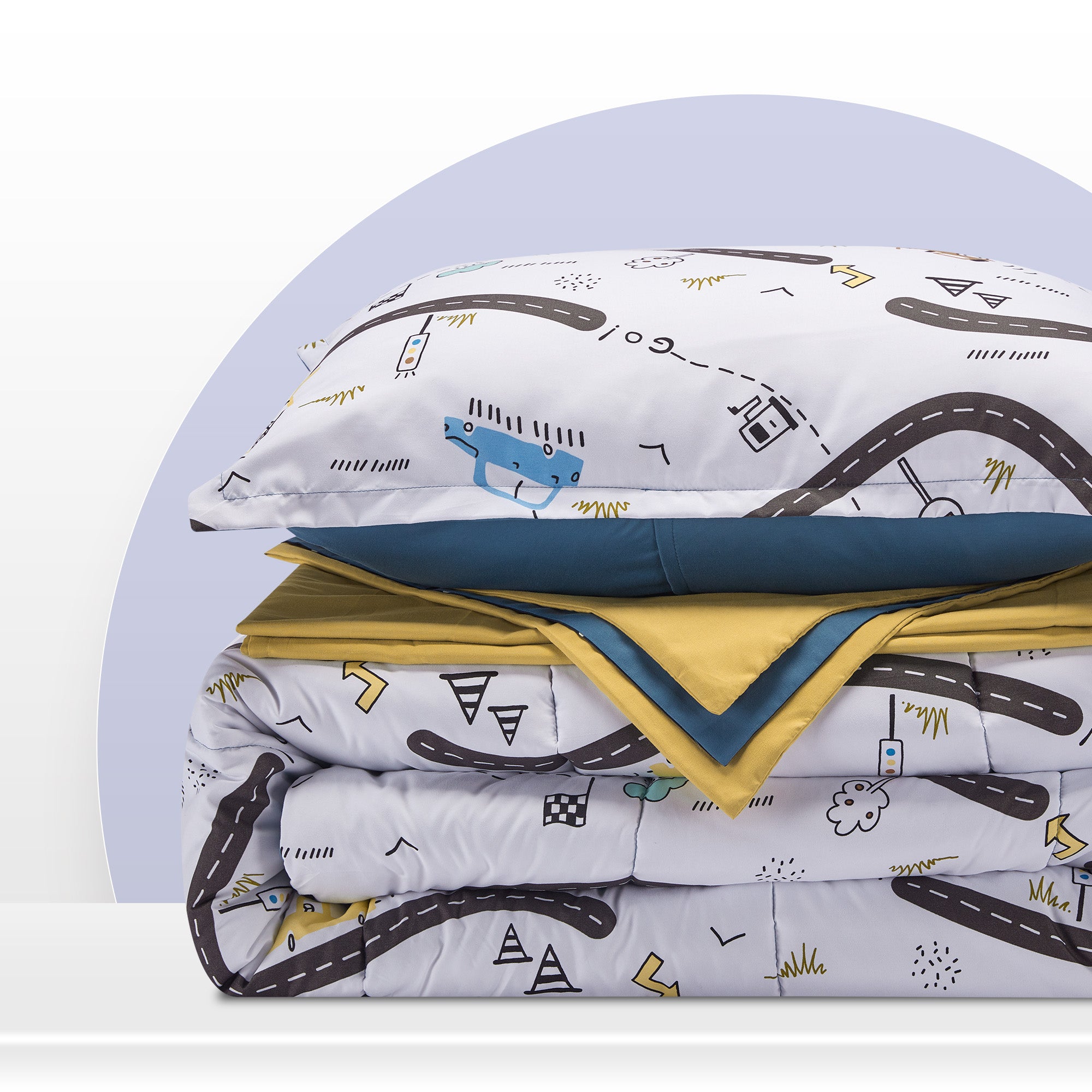 White Car Road Kids Printed Comforter Set.