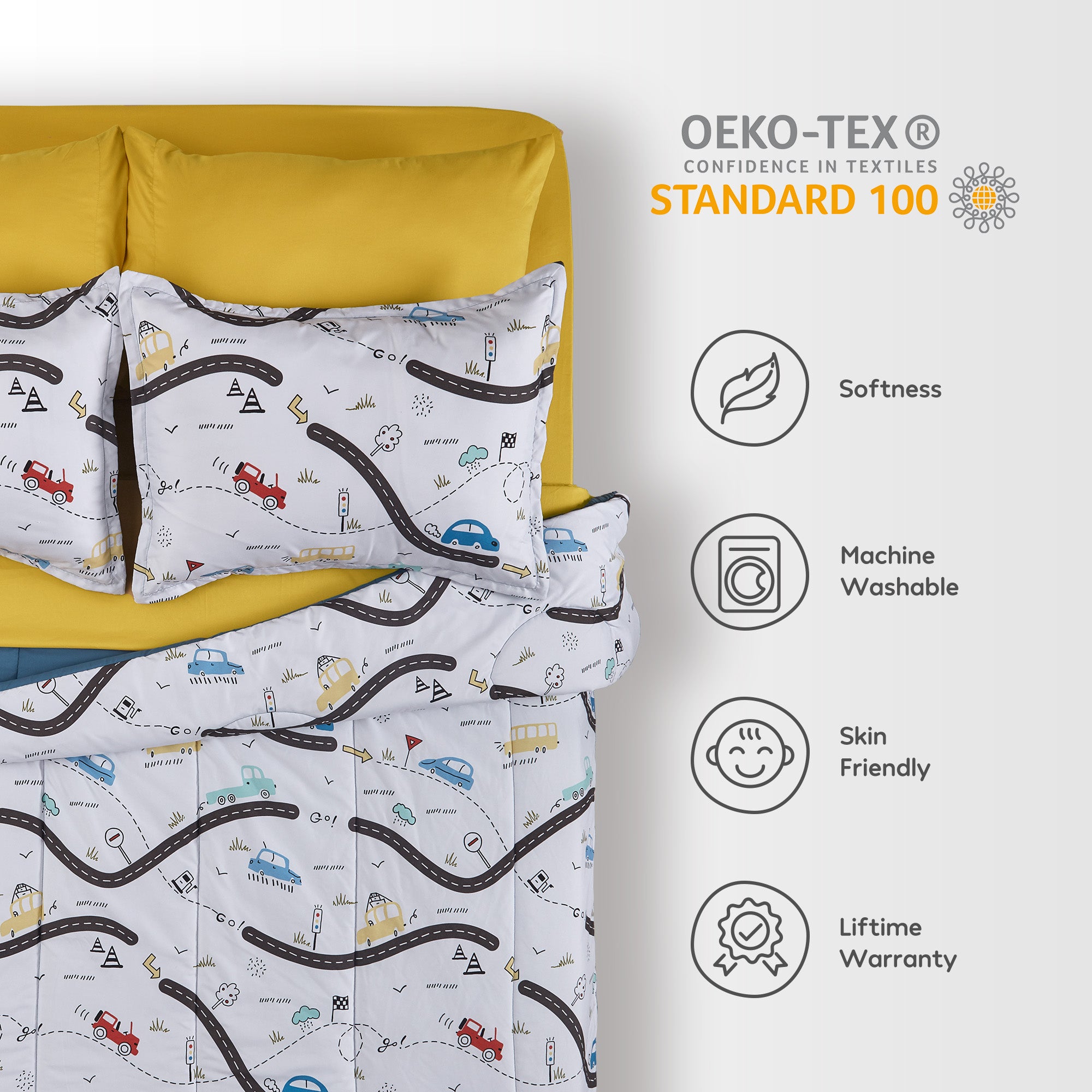 White Car Road Kids Printed Comforter Set.