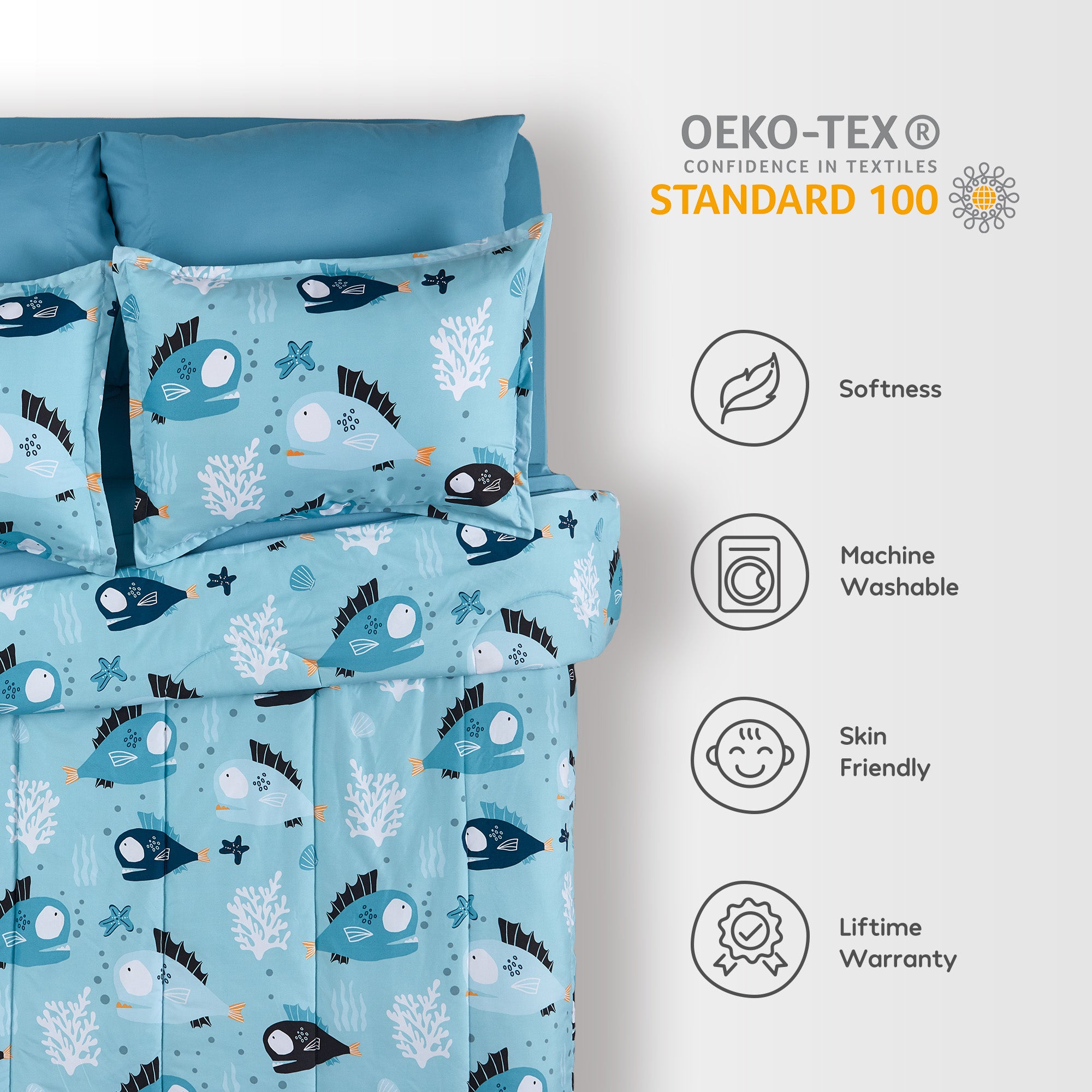 Light Blue Little Fish Kids Comforter Set Printed Kids Bedding Set.